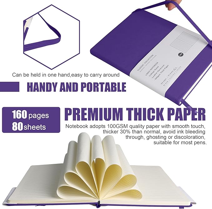 Lined Journal Notebook, 6Pack Hardcover Notebook for Men & Women – Journals for Writing, Work, School, Home & Daily Notes, 160 Pages – Medium A5, 5.7"x8", 100 gsm Thick Paper (Purple)