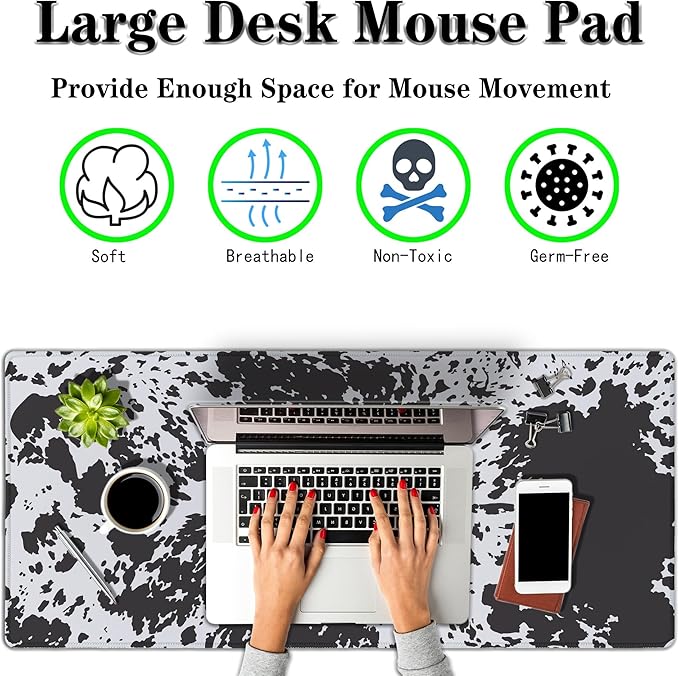 Big Mouse Pads Black Gaming Mousepad Computer Desk Mat Cute Desk Mat Non-Slip Rubber Base Waterproof with Stitched Edges 35.4 X 15.7 for Game Office, Horse Hide Animal Print