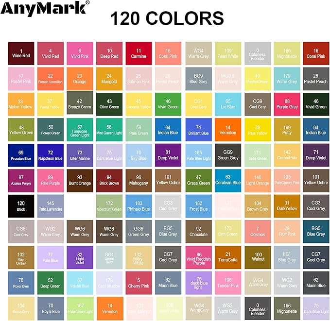 AnyMark Alcohol Markers, 120 Colors Dual Tip Art Coloring Markers Set for Adult Book Drawing Sketching Painting, Chisel & Fine, White Penholder