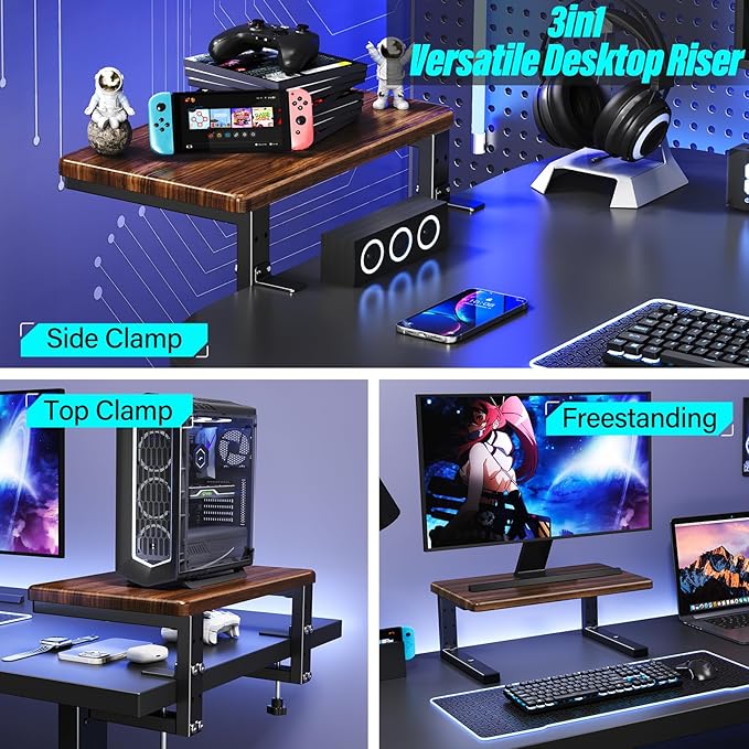 3 in 1 Clamp on Desk Extension & Monitor Shelf,16.5" Desktop Organizer, Adjustable Height Heavy Duty Desk Shelf Organizer for Gaming,Printer Stand,Computer Monitor and Laptop Riser,Office Accessories