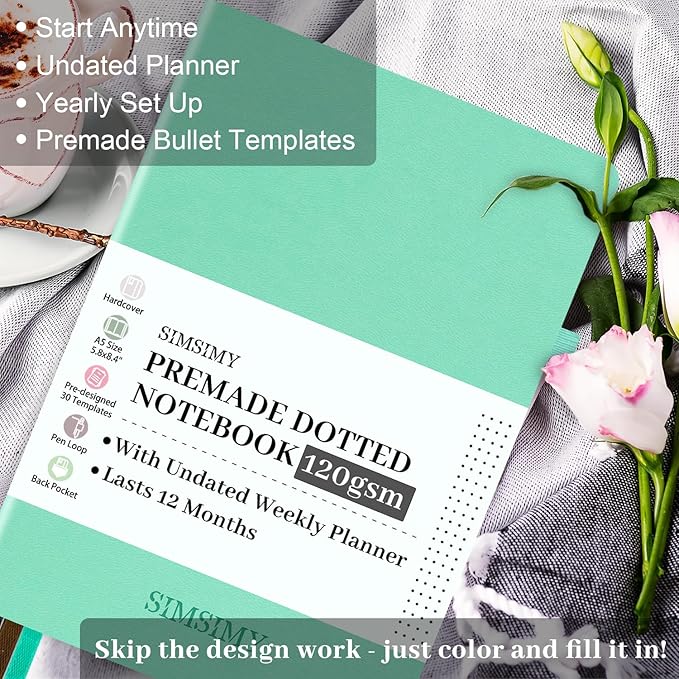 Premade Bullet Dotted Journal Notebook, Pre-made Dot Grid Journaling with Undated Weekly & Monthly Planner - 12 Month Organization for Habit / Mood / Meals / Sleep / Exercise Trackers,