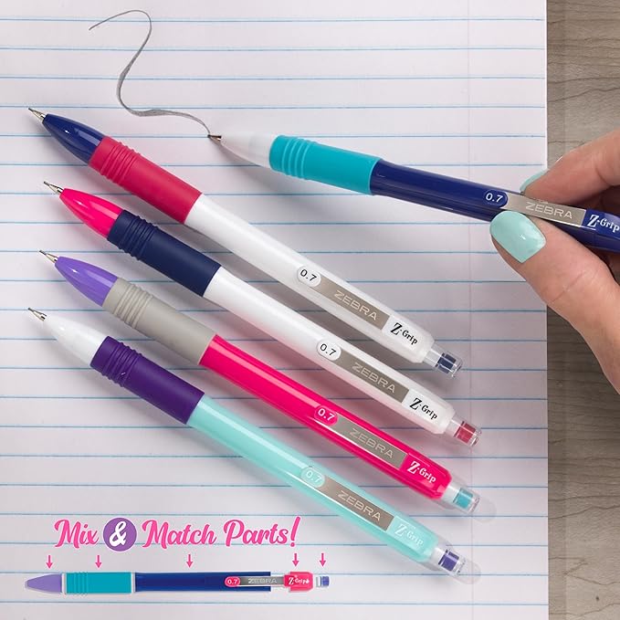 Zebra Pen, Z-Grip Mechanical Pencil, Smooth Writing, Latex-Free Grip, 0.7mm Lead, #2 HB, Pre-Loaded with Lead and Eraser, for School, Office, Everyday Use, Assorted Blue Barrels, 10-Pack, (50610)