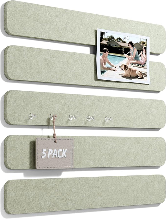 Fluxynara Cork Board Alternative Felt Strip Board 5-Pack 13"x2", Office Pin Board with 35 Push Pins, Adhesive Install for Bedroom Door & Home Office(Sage)