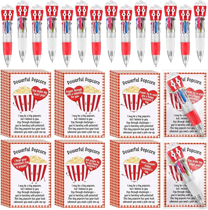 Colarr 24 Set Popcorn Valentines Gifts Multicolor Pens with Support Cards for Valentines Day Party Favors Classroom Prizes Students Goodie Bags Stuffers 4 in 1 Ballpoint Pens