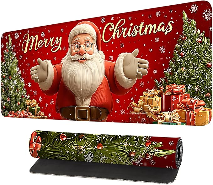 Desk Mat, XXL Extended Gaming Pad for Desktop, 35x16 Inches Jolly Santa with Tree, Large Non-Slip Vegan Leather Surface with Stitched Edges, Keyboard Mouse Mat for Home Office