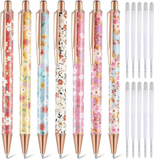 Sherr 7 Pcs Fancy Pens for Women Cute Sparkly Glitter Pens with 10 Pcs Black Ink Refills Pretty Gifts for Girls Office School Christmas Graduation(Floral)