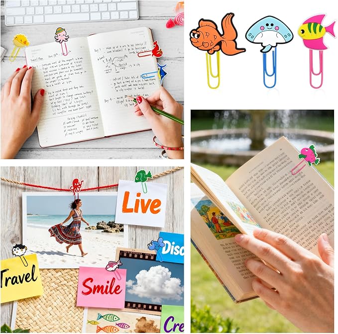 Cute Paper Clips, 50Pcs Ocean Animals Bookmark Paperclips Bulk Metal Fun Sea Animals Planner Clip Clamp Desk Accessories Stationery Colorful Office Supplies Gifts for Student Teacher Party Decorative