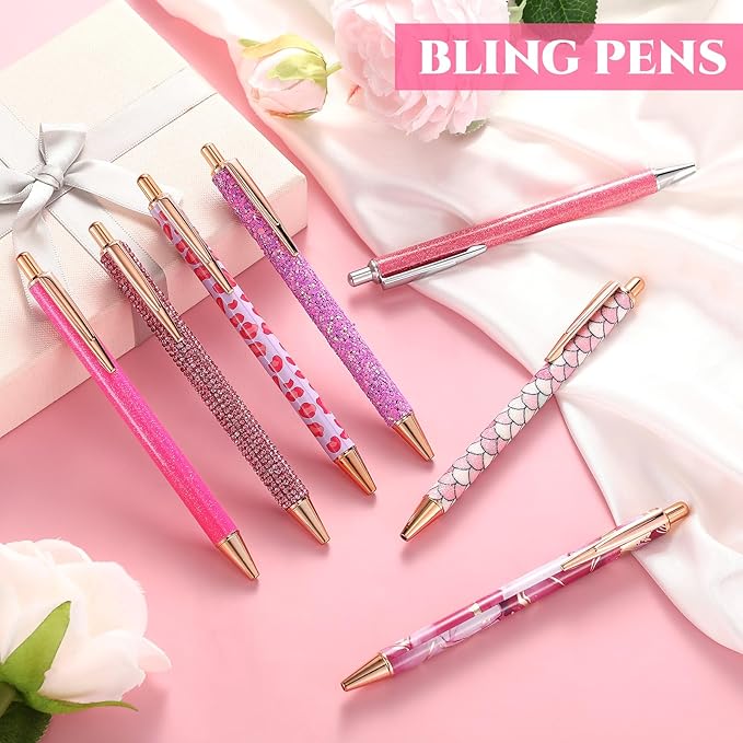 Sherr 7 Pcs Fancy Pens for Women Cute Sparkly Glitter Pens with 10 Pcs Black Ink Refills Pretty Gifts for Girls Office School Christmas Graduation(Lovely)