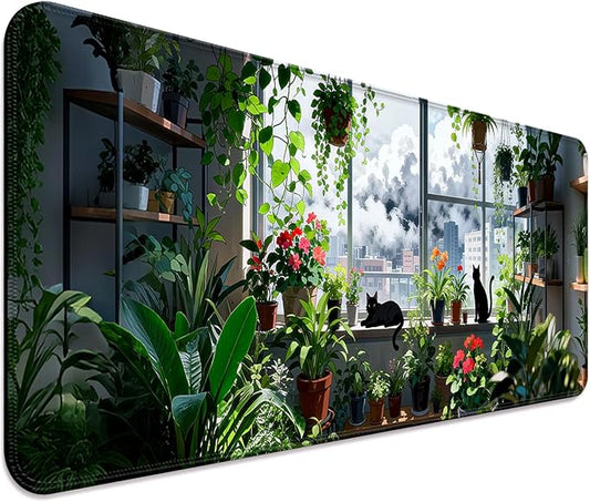 Japanese Anime Cute Cat XL Large Desk Mat, Extended Long Green Plant Desk Pad for Gaming and Office, Non-Slip Rubber Base, Comfortable Surface Kawaii Mouse Pad, 31.5x11.8 in (H13)