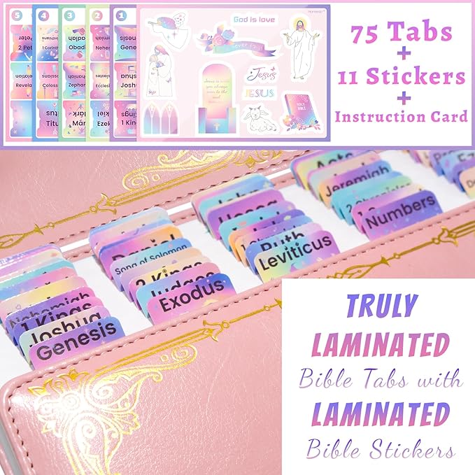 Bible Tabs with Unique Sticker, Bible Tabs for Women, Laminated Bible Tabs, Christian Gifts, Large Print Bible Tabs for Easy Navigation, Bible Index Tabs Labels, Bible Study Supplies (Rainbow)
