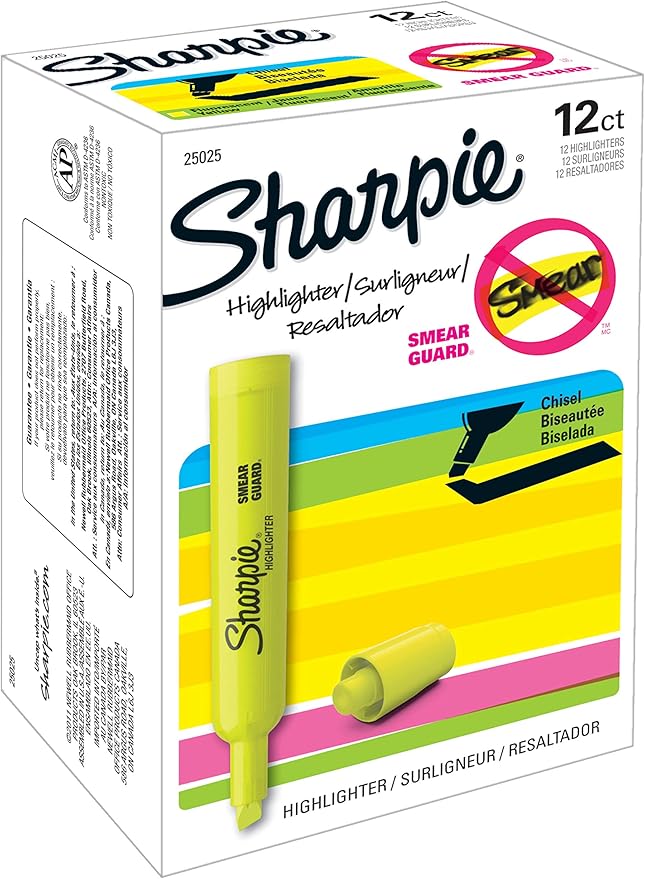 SHARPIE Tank Highlighters Chisel Tip Yellow | Fluorescent | Smear Resistant | For Writing | 12 Count, Pack of 12