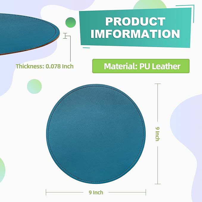 PU Leather Mouse Pad With Stitched Edge Micro-Fiber Base - Non-Slip Waterproof for Computers, Laptop - Round 9 x 9 Inch (Sapphire Blue)