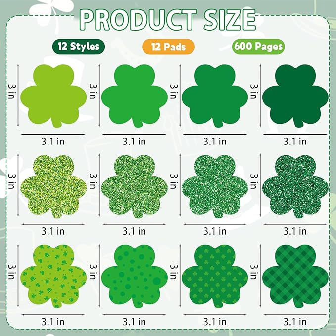 600 Sheets St Patrick's Day Sticky Notes, Lucky Shamrock Notepads Irish St. Patrick's Day Memo Pads for Home Office School Party Supplies