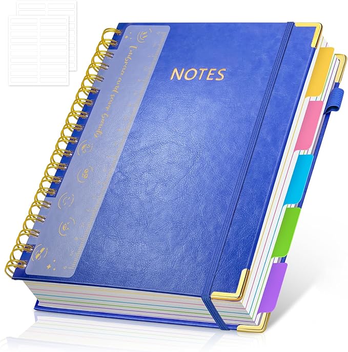 Hardcover Spiral Notebook Journal with Removable PVC Dividers - 8'' x 10'' Large 300 Pages B5 Hardcover Leather Lined Journals Notebook with Tab for Work Note Taking Office Home School Supplies, Blue