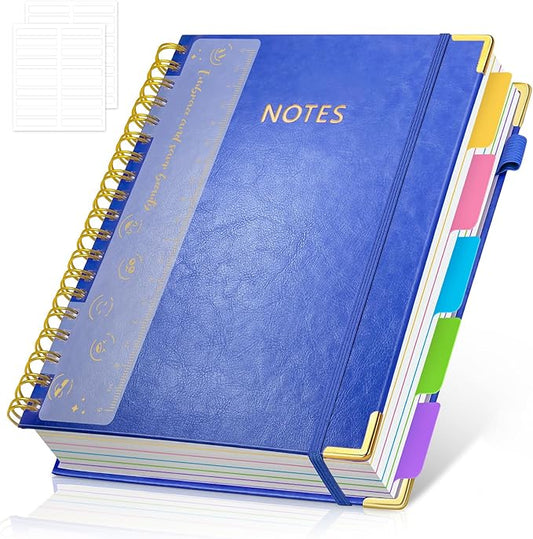 Hardcover Spiral Notebook Journal with Removable PVC Dividers - 8'' x 10'' Large 300 Pages B5 Hardcover Leather Lined Journals Notebook with Tab for Work Note Taking Office Home School Supplies, Blue