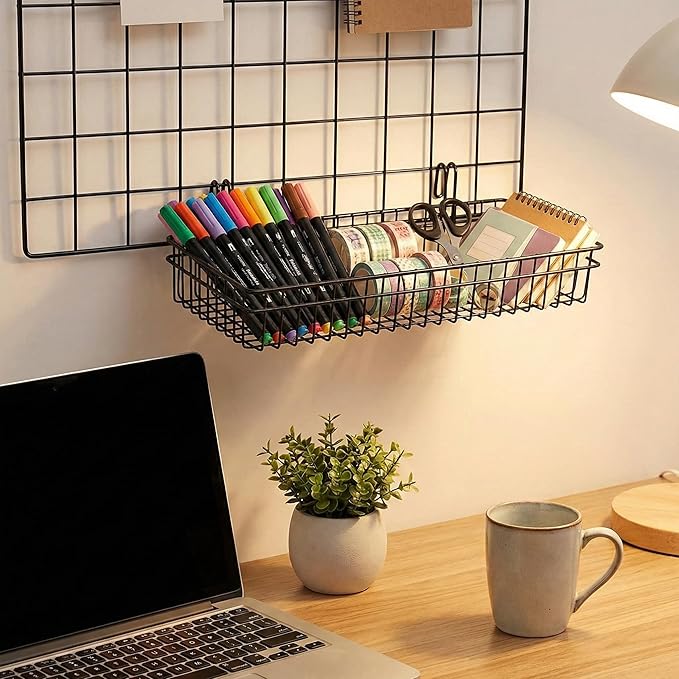 ANZOME 4 Pack Grid Wall Baskets & Gridwall Accessories - Black Metal Wire Mesh Hanging Storage Bins with Built-in Hooks - Display Shelf Organizer for Craft Room, Retail, Office & Kitchen Pantry