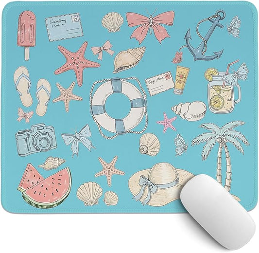 Blue Coastal Mouse Pad,Blue Beachy Desk Mat,Girly Summer Beach Seashell Mouse Pads for Dorm Home Office Beach Room Desktop Decor,11.8x9.8 Inch