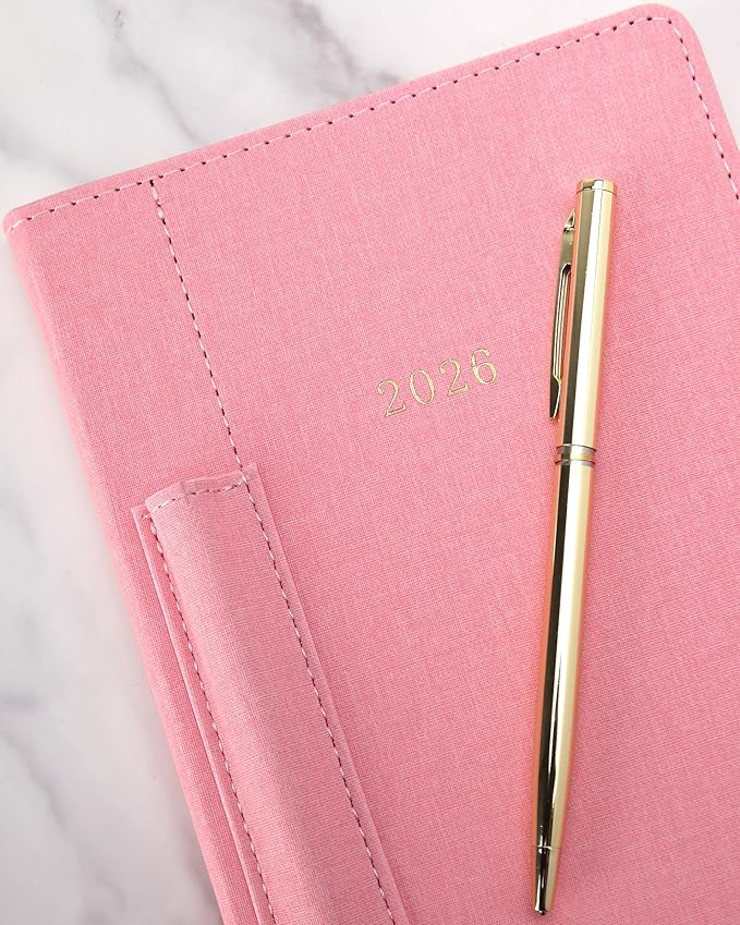 WORLD TRAVELER 2026 Planner - Weekly and Monthly Planner - 6x8 Planning Notebook & Calendar Agenda with Pen, Pink Textured