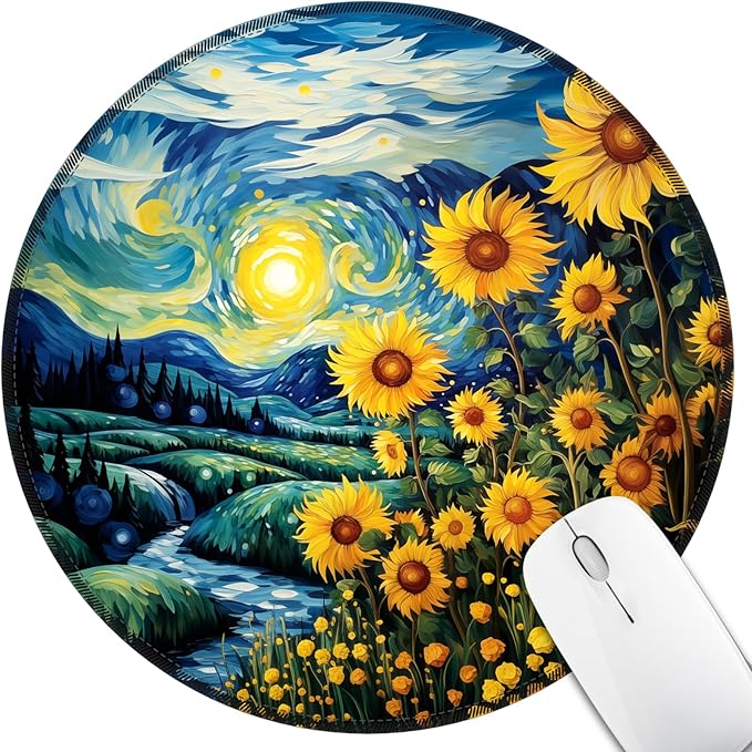 Sunflower Mouse Pad for Desk, Floral Small Mousepad with Non-Slip Rubber Base, Round Travel Mouse Pads for Wireless Mouse Laptop, Computer Mouse Mat for Gaming Home Office Desk Accessories