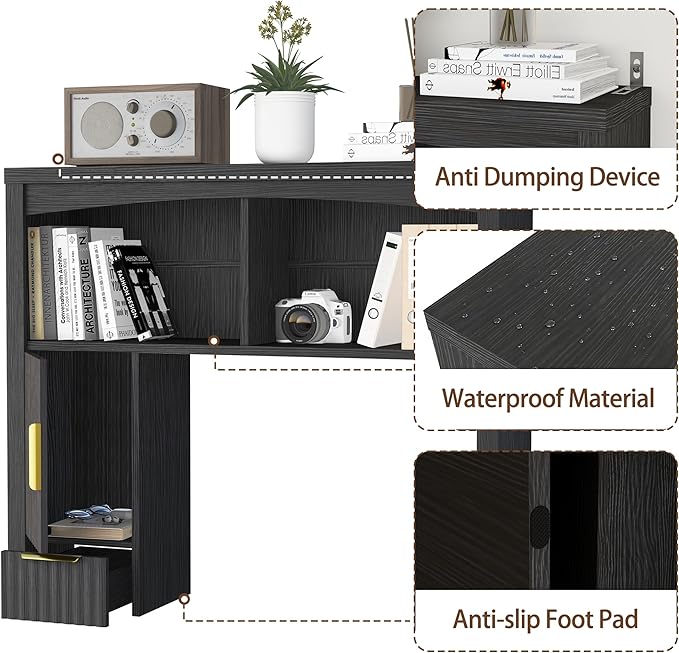 Desktop Shelf, Wooden Desk Hutch with Storage, Desktop Bookshelf with Cabinet and Drawer, Office Desk Organizer, Space-Saving Organization, Over Desk Storage Shelves for Home, Dorm, Black