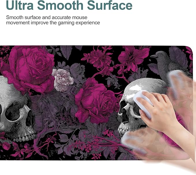 Skull and Roses XXL Extended Gaming Mouse Pad 35.4 x 15.7 Inch – Large Gothic Desk Mat with Non-Slip Rubber Base, Smooth Cloth Surface, Stitched Edges