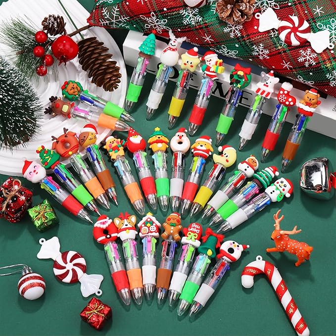 CZWZ 30Pcs Mini Multicolor Pens in One 4-in-1 Cute Pens Bulk, Ballpoint Pen for Birthdays and Parties, Fun Gifts Assorted Ink Kawaii Pen(Christmas)