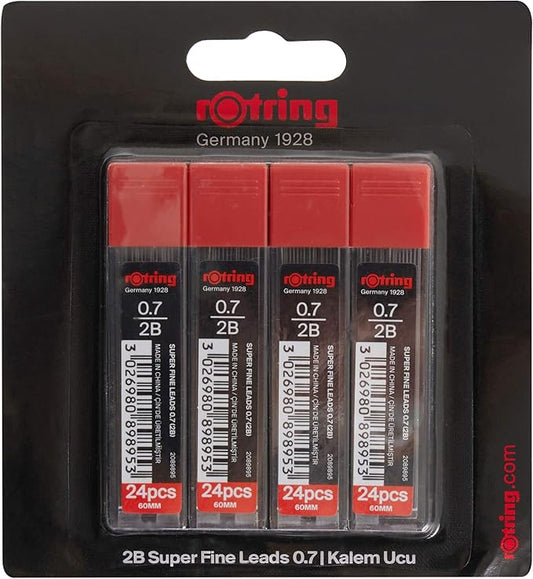 Rotring 0.7 mm 2B Super Polymer Pencil Lead Refills for Mechanical Pencils - 96 Leads in Total - Pack of 4 Tubes