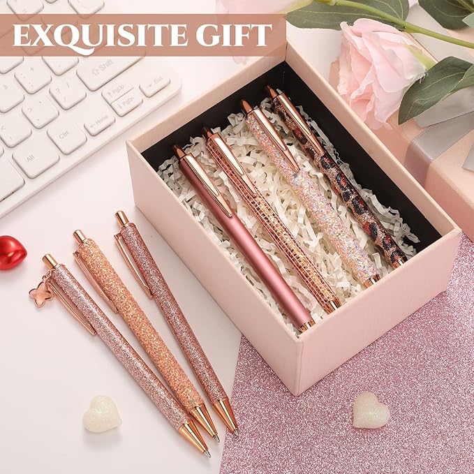 Sherr 7 Pcs Fancy Pens for Women Cute Sparkly Glitter Pens with 10 Pcs Black Ink Refills Pretty Gifts for Girls Office School Christmas Graduation(Elegant)