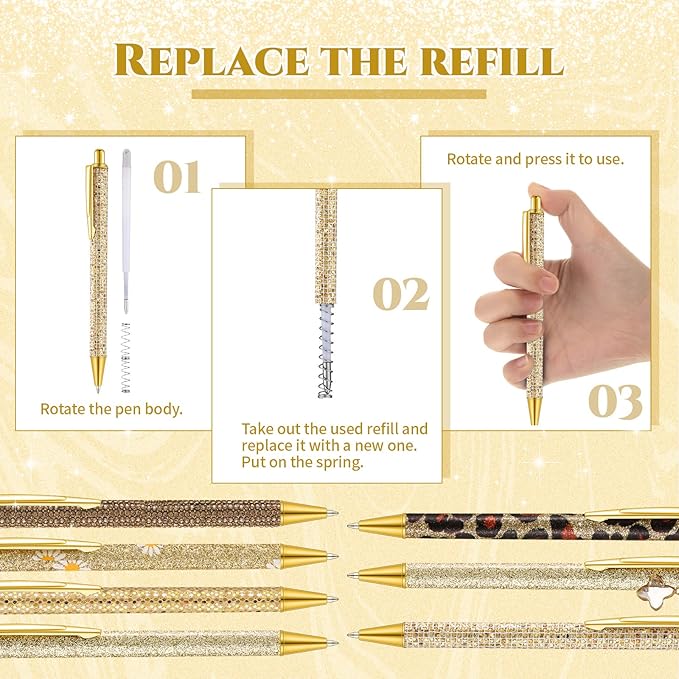 Sherr 7 Pcs Fancy Pens for Women Cute Sparkly Glitter Pens with 10 Pcs Black Ink Refills Pretty Gifts for Girls Office School Christmas Graduation(Delicate)