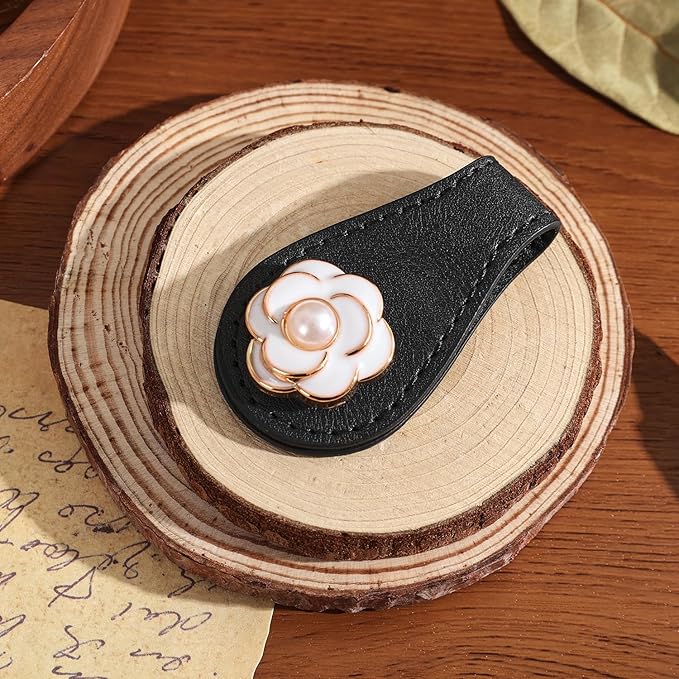 2PCS Magnetic Bookmarks with Pen Clip, Leather Bookmarks for Women, Magnetic Pen Holder Book Accessories, Gold Camellia