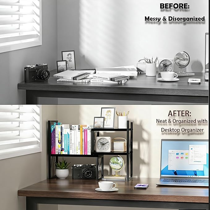Desktop Shelf Organizer,Small Bookshelf for Office,Wood Desk Top Shelves, Office Organization and Storage (Black)
