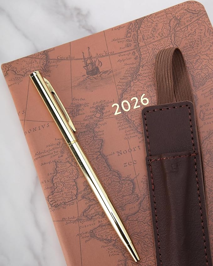 WORLD TRAVELER 2026 Planner - Weekly and Monthly Planner - 6x8 Planning Notebook & Calendar Agenda with Pen, Size 6X8, Brown Map