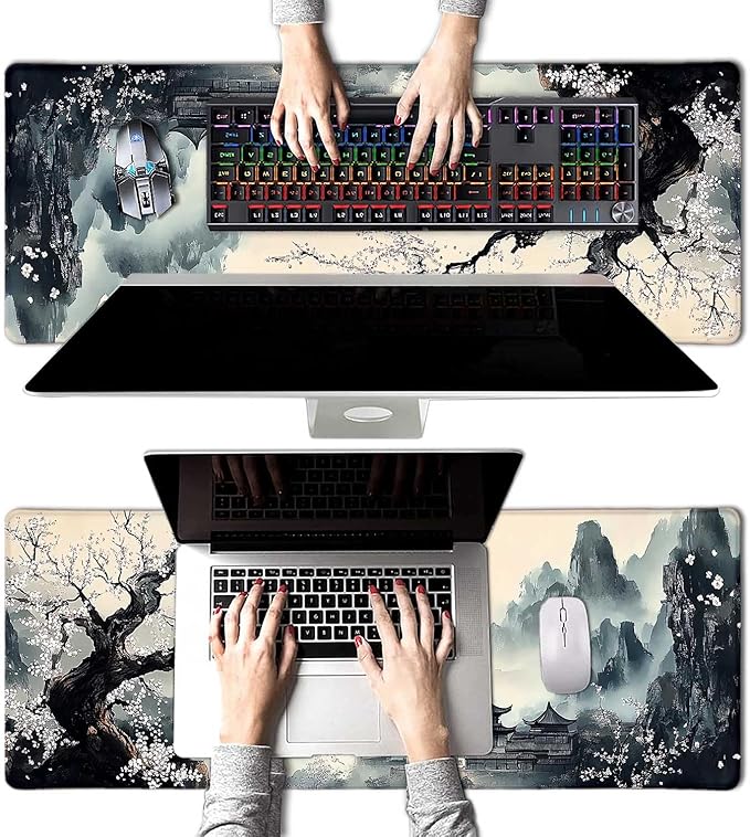 Japanese Cherry Blossom Large Mouse Pad, Desk Mat Computer Keyboard Pad Non-Slip Rubber Base Waterproof with Stitched Edges for Laptop Gaming, Office & Home 31.5 x 11.8 Inch