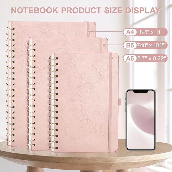 AHGXG Lined Spiral Notebook 8.5" x 11", A4 Large Notebook Journals for Women Men, Leather Hardcover, 100 GSM Thick College Ruled Paper, Notebooks for Work School Note Taking Writing, Rose Gold