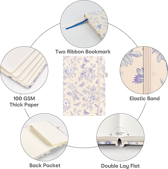 &And Per Se Lined Journal Notebook for Women&Men with Pattern, 160 Pages 100GSM Thick Paper, A5 Hardcover Journals for Writing, Valentine's Day Gift Journal for Her (Blue Flowers)