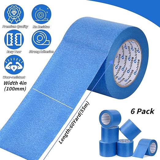 6 Rolls Blue Painters Tape Bulk 4 inch x 60 Yards, Total 360 Yd, Painters Masking Tape No Residue Wall Painting Tape Artist Tape Trim Edge Finishing Tape for Wall Painting Decoration DIY Supplies