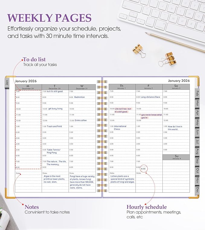 2026 Planner, Weekly and Monthly Calendar Planner from January 2026 - December 2026, 5.75" x 8.38" Hardcover Leather Hourly Appointment Book with Tabs, A5 Spiral Daily Planners for College School Work Home, Purple