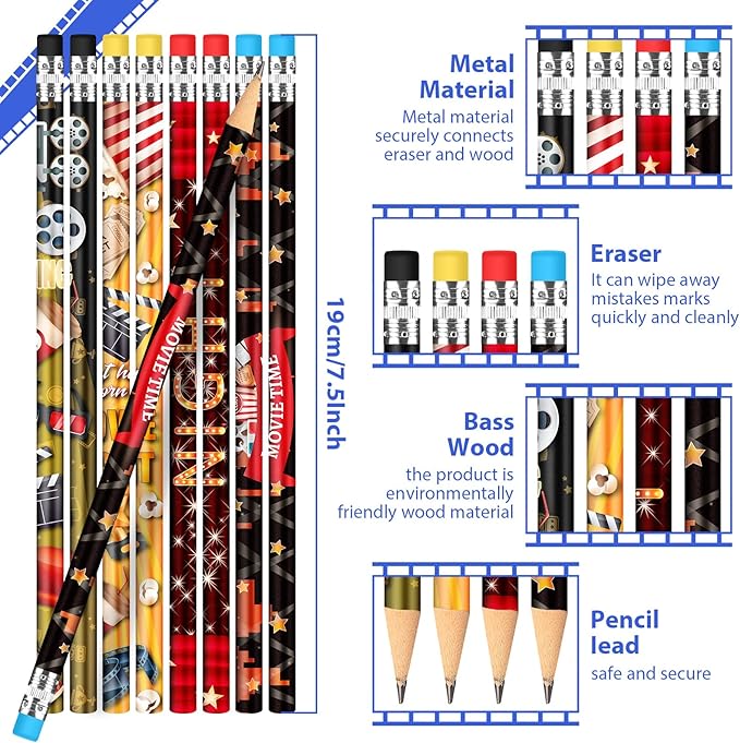 Sherr 36 Pieces Movie Night Pencils with Erasers Bulk, Wooden Colorful Pencils Bulk for Students Classroom Prize Birthday Stationery Party Favors, 4 Style