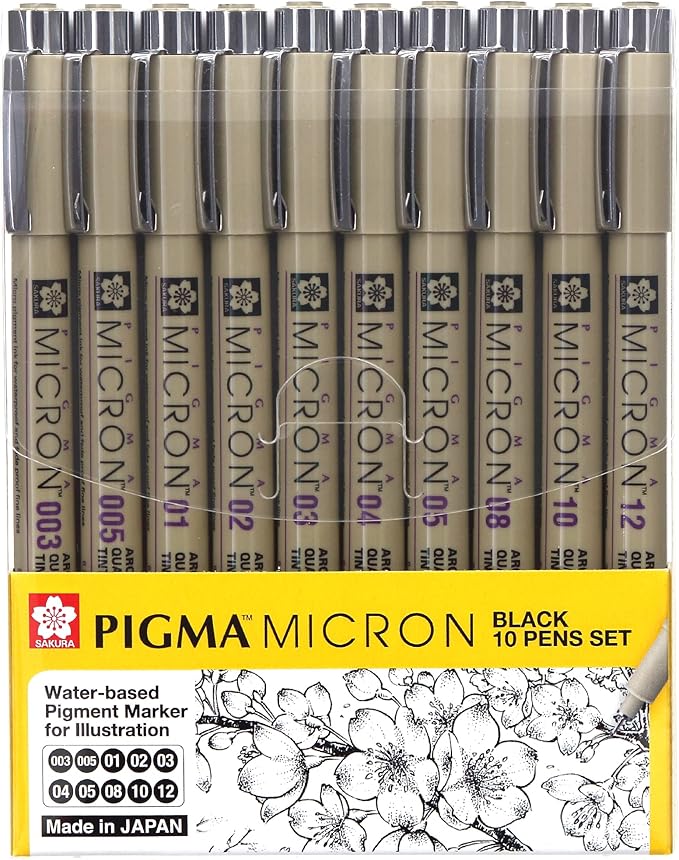 Sakura Pigma Micron fineliner pen 10 piece black ink colour drawing set
