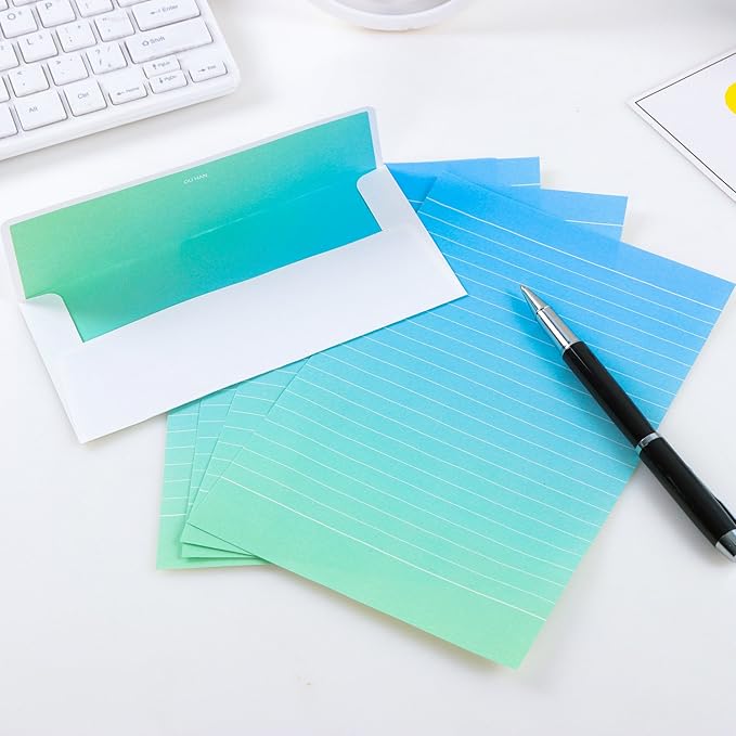 Stationery Paper and Envelope Set, 32 Stationery Paper for Writing Letters and 16 Matching Envelopes, Watercolor Writing Papers with Lines,4 Different Style(8.3x5.6)