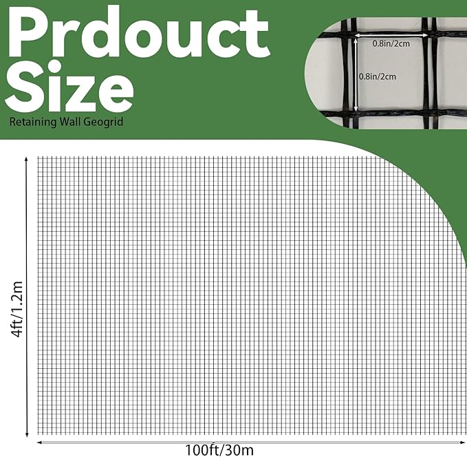 4ft x 100ft Fiberglass Geogrid for Retaining Walls, Bi-Directional 30kN Tensile Strength Geo Grid, 0.8" Mesh Soil Stabilization Fabric for Retaining Walls Up to 6 ft, Driveways & Ground Reinforcement