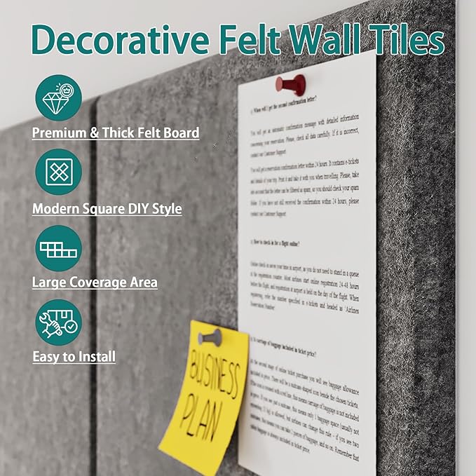 Felt Cork Board for Wall: Extra Large Bulletin Board for Office - 0.5 Inch Thick Corkboard Tiles 4 PCS Grey Pin Board Squares Adhesive