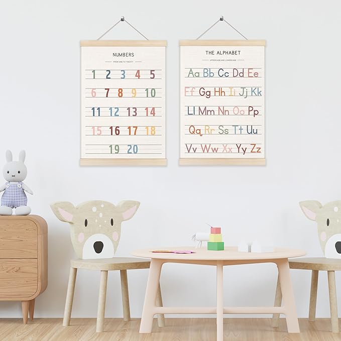 Koesus Numbers and Alphabet Wall Art Poster Hanger Frame 12x16 Inch Set of 2, Educational Learning Canvas Pictures Prints Framed Wall Decor for Classroom Toddler Kids Nursery Bedroom Playroom