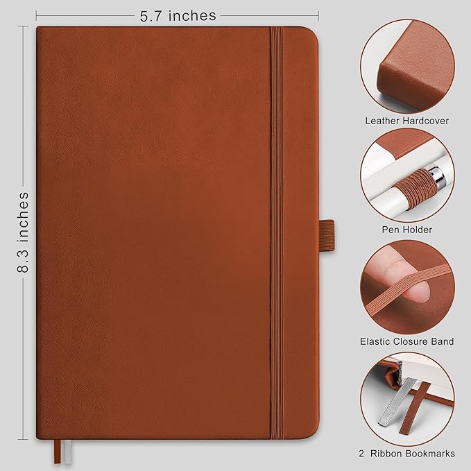 RETTACY Dotted Journal Notebook, 192 Pages, A5 Medium Size (5.7'' x 8.3''), Leather Hardcover, 100 GSM Thick Paper, for Bullet Journaling, Planning, Tracking (Brown)