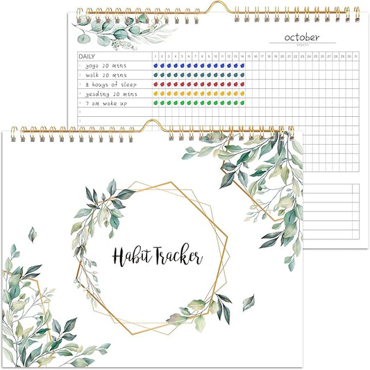 Habit Tracker Calendar - 12 Months Undated Daily Weekly & Monthly Period Habit Tracker Journal, Greenery Floral, Spiral Binding & Hanger, 7.8"x10"