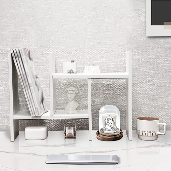 MASAKA B&W - Kawaii Storage Desktop Organizer for Your Desk Space, Double H Plants Display Shelf, Home Office Storage Rack Adjustable Stackable for Office, Dormitory (White*01)