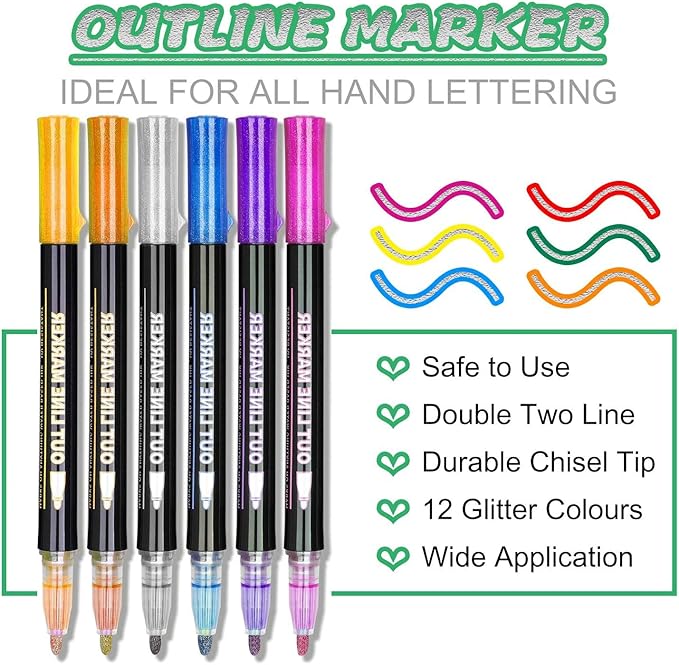 Easter Basket Stuffers, Outline Glitter Markers, Easter Basket Stuffers for Teens, Teen Girl Gifts Trendy Stuff, 12 Outline Markers, Art Supplies for Kids 9-12, Gift for 4-12 Year Old Girls