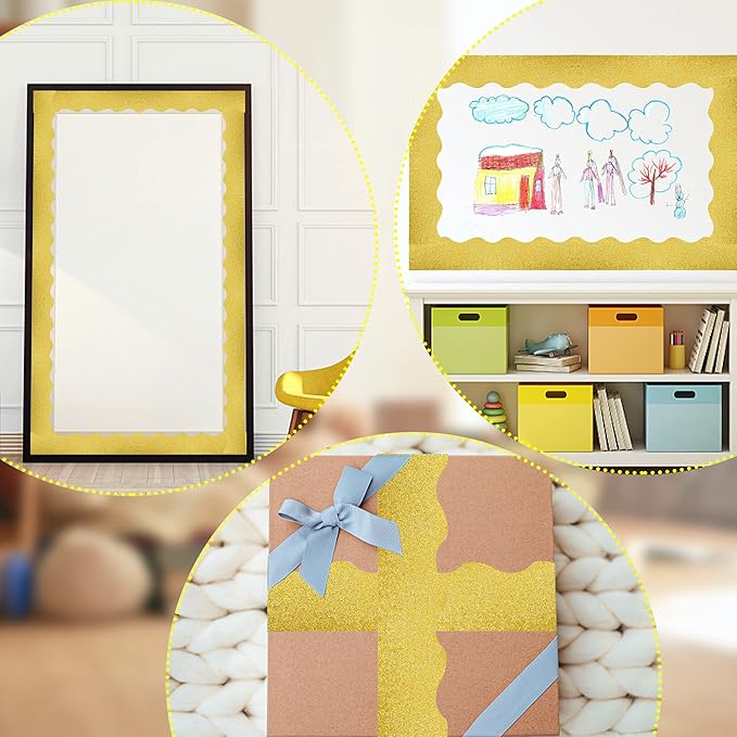 131 Ft Gold Glitter Bulletin Board Borders Gold Scalloped Bulletin Board Trims Shiny Decorative Border Trims Sparkle Self-Adhesive Border Stickers for Classroom School Home Office Blackboard Desk