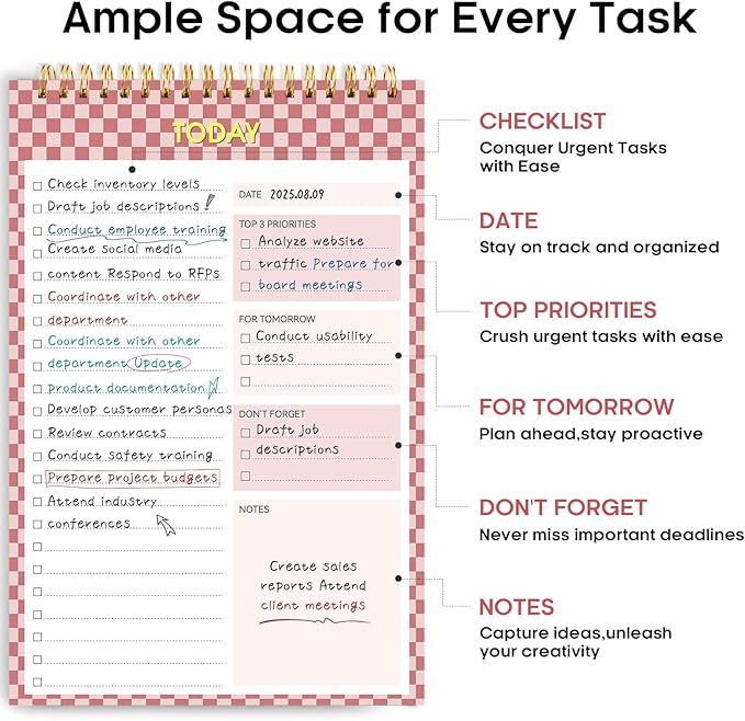To Do List NotePad, Aesthetic To Do List Notebook for Work With 52 Sheet For Daily Tasks and Goal Setting, Undated Daily Planner Perfect for Office, Home and School Supplies - Rose Checkered