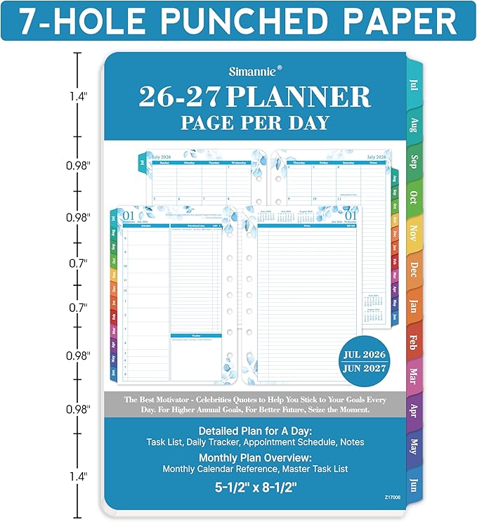 2026-2027 Planner Refills – July 2026 - June 2027, Daily Planner Refills 2026-2027, Two Pages Per Day Daily & Monthly Planner Inserts, 8.38" x 5.51", Ring-Bound with Tabs